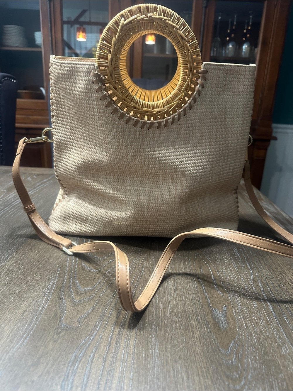 Dolce Vita Beige Woven Tote with Round Rattan Handles